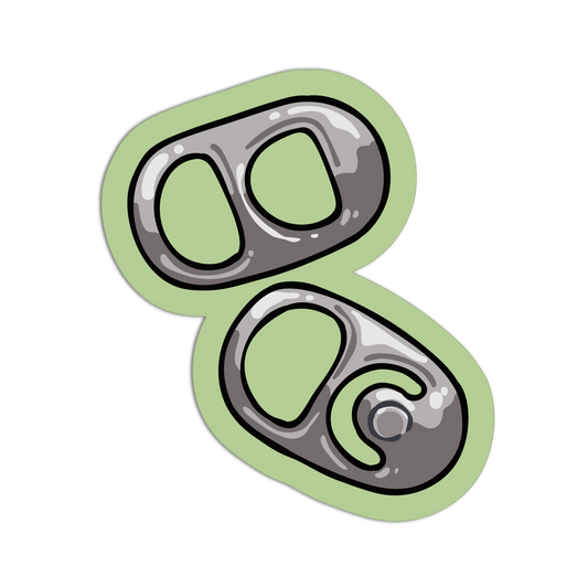 A stylized sticker or decal featuring two gray metallic oval shapes with green centers, outlined in black and set on a light green background, shown on a plain white background.