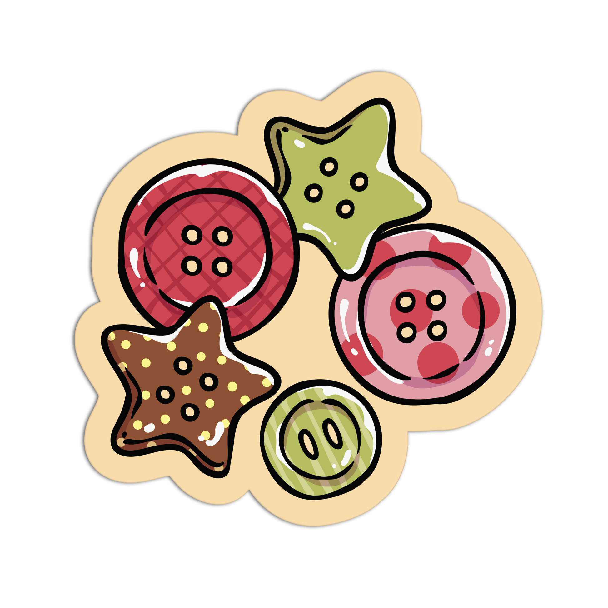 A die-cut sticker featuring a whimsical illustration of five colorful buttons in star and round shapes, arranged on a light beige background with a white border.