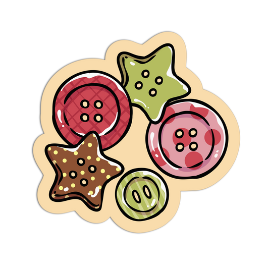A die-cut sticker featuring a whimsical illustration of five colorful buttons in star and round shapes, arranged on a light beige background with a white border.