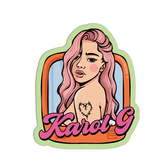 Sticker with a stylized portrait of a person with pink hair and 'Karol G' text.