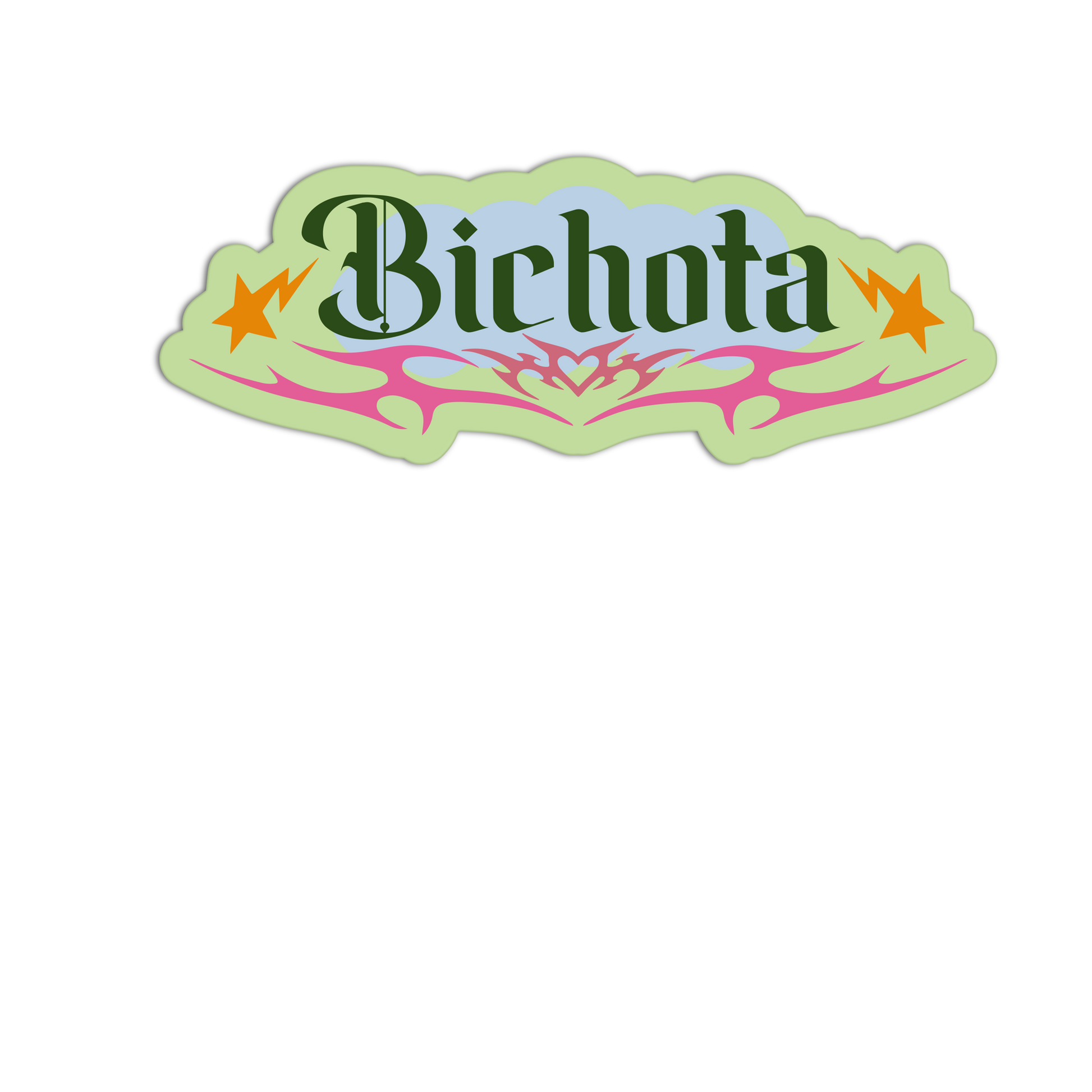 Decorative sticker with 'Bichota' text and decorative elements on a white background