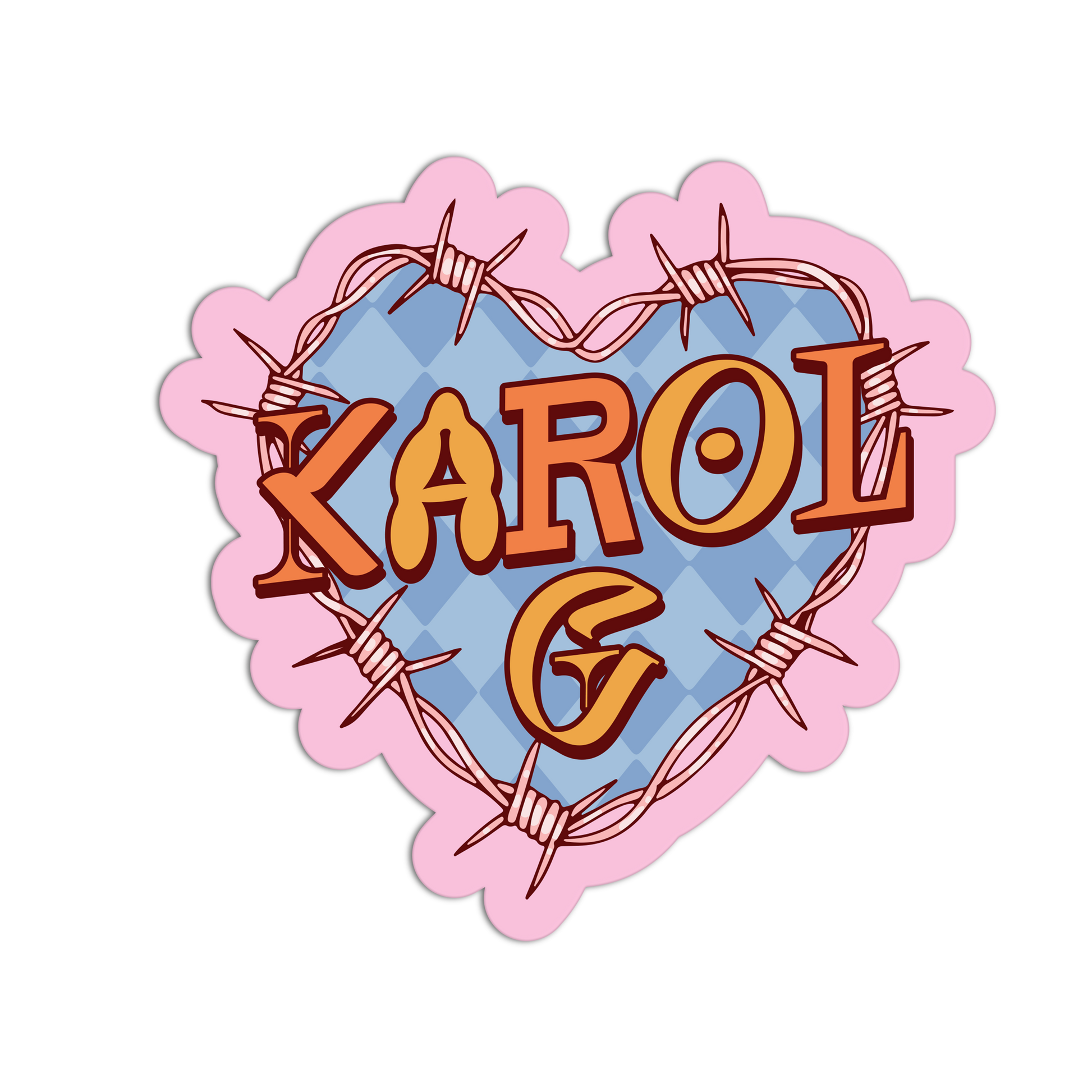 Heart-shaped logo with 'Karol G' text surrounded by barbed wire on a pink background