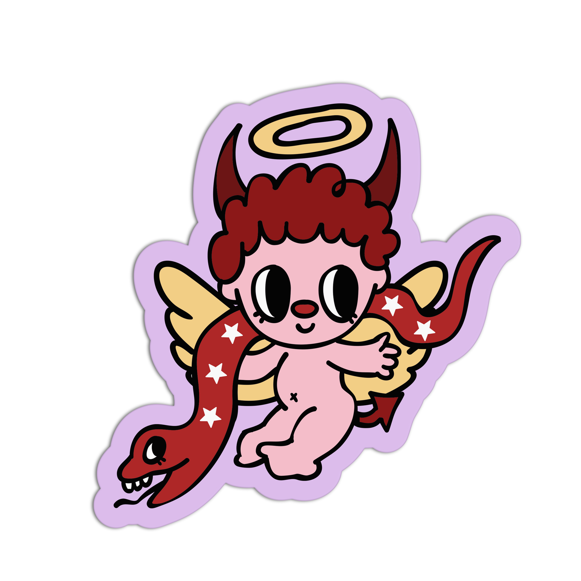 Cartoon character with angelic and devilish elements on a white background