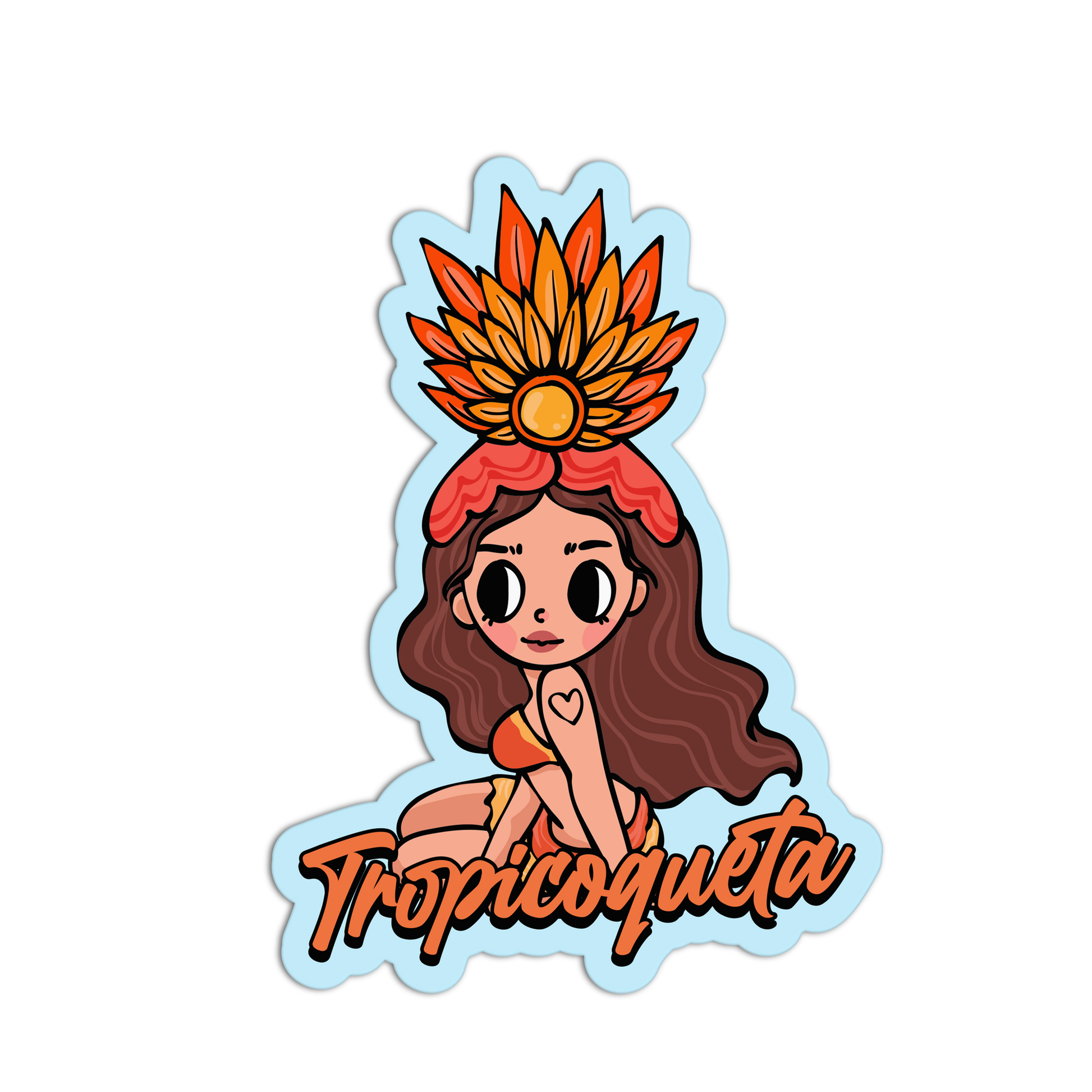 Sticker of a cartoon character with a flower headpiece and 'Tropicoqueta' text on a white background