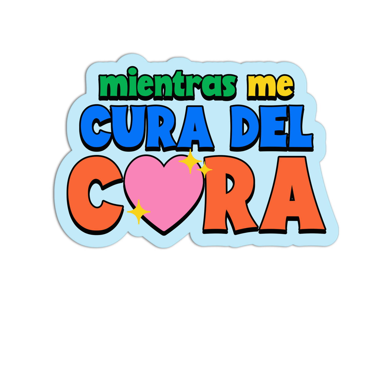 Colorful text with a heart on a light blue background
