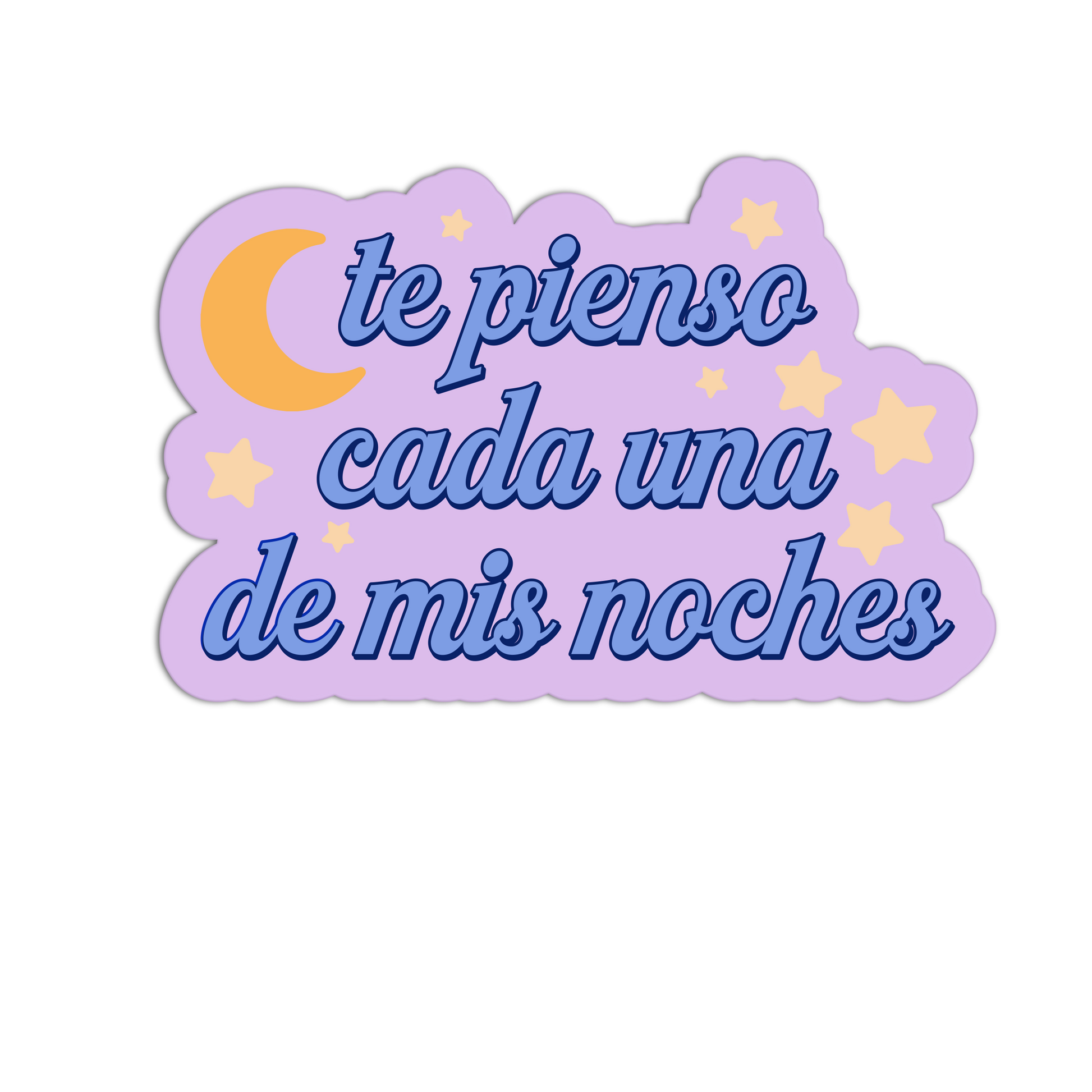 Sticker with Spanish text 'te pienso cada una de mis noches' on a purple background with stars and a moon.