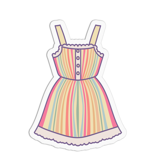 A die-cut sticker or decal of a retro-style striped dress with pastel pink, yellow, green, and blue vertical stripes, outlined in purple and white.