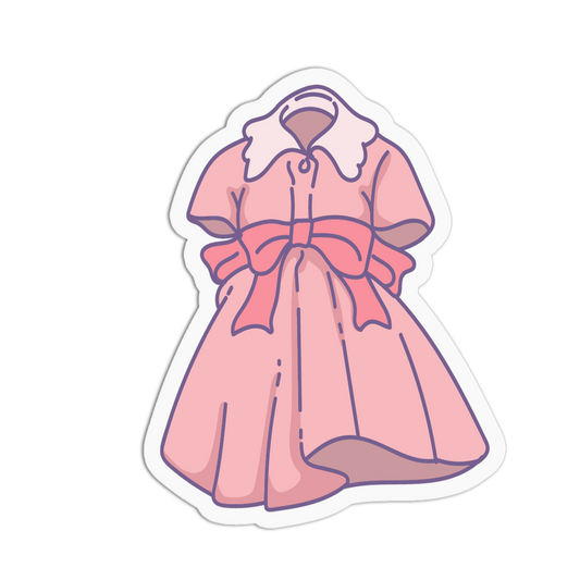 A die-cut sticker featuring a stylized illustration of a pink dress with a white collar and a large pink bow at the waist, shown on a plain white background.