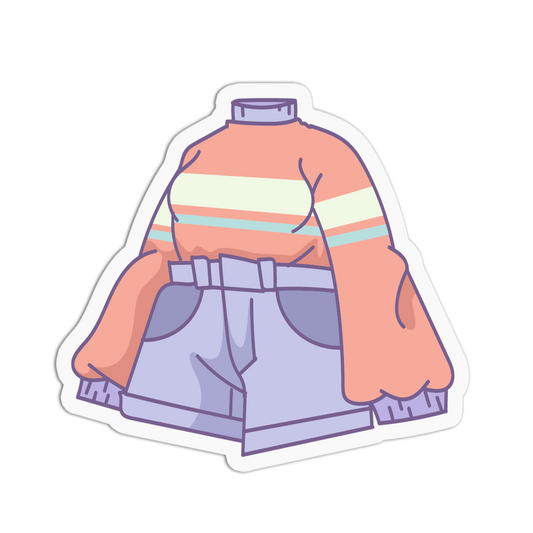 A die-cut sticker featuring a stylized cartoon outfit with a peach turtleneck sweater, light purple shorts, and a matching belt, shown on a plain white background.