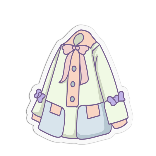 A die-cut sticker featuring a cute cartoon illustration of a pastel-colored jacket with a large bow, pink buttons, and lavender details, set against a plain white background.