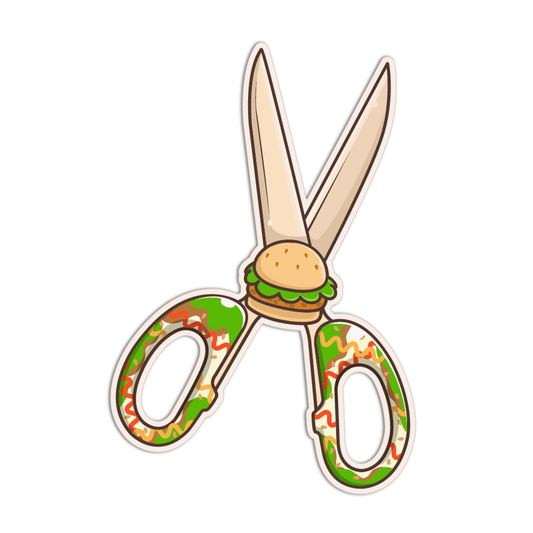 Scissors with a hamburger design on a white background