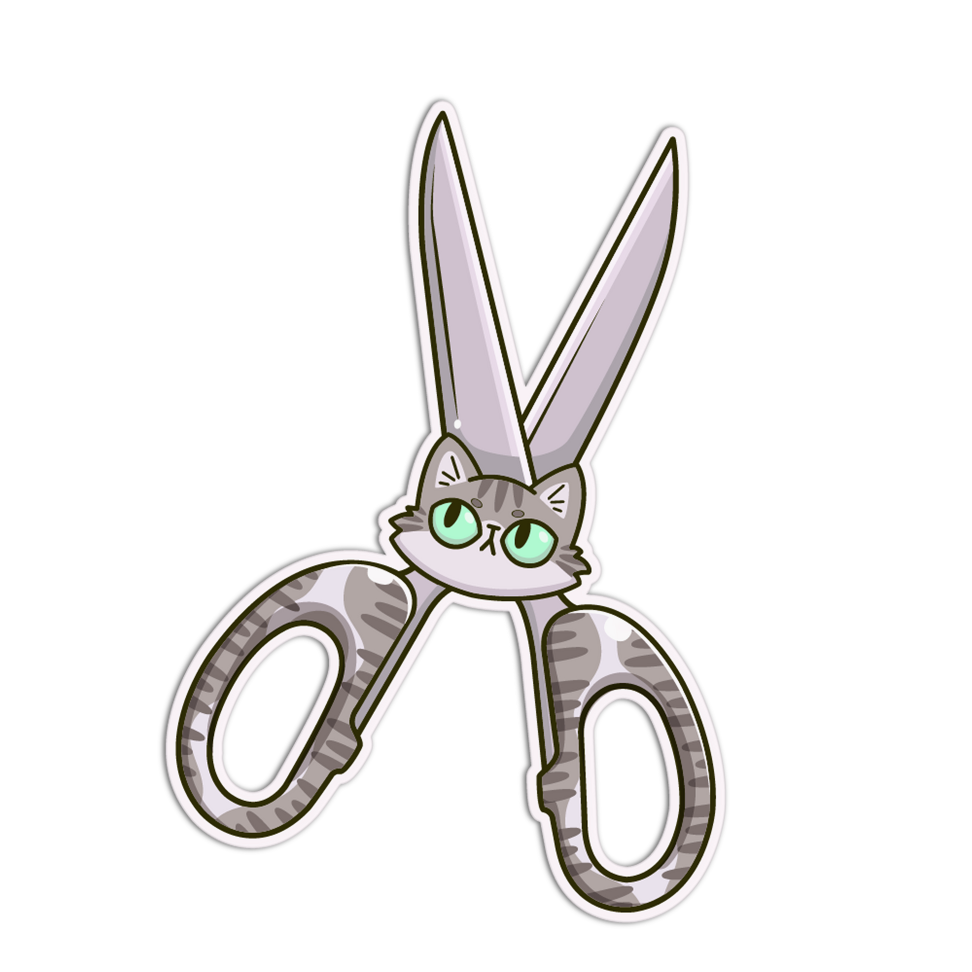 Cartoon cat face design on a pair of scissors with a white background