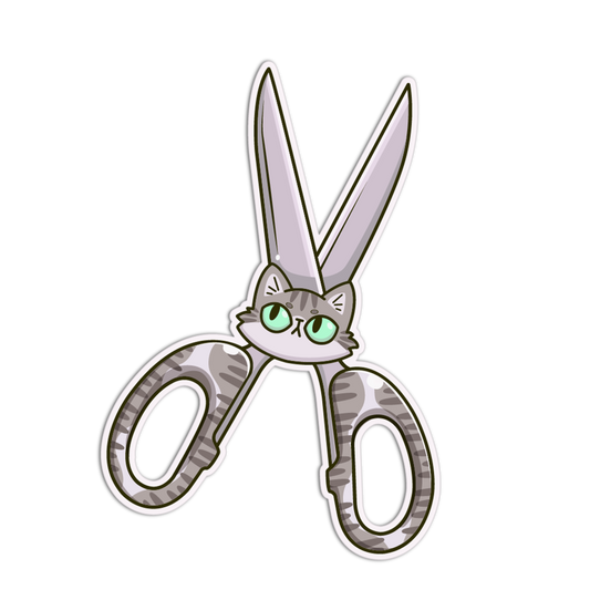 Cartoon cat face design on a pair of scissors with a white background