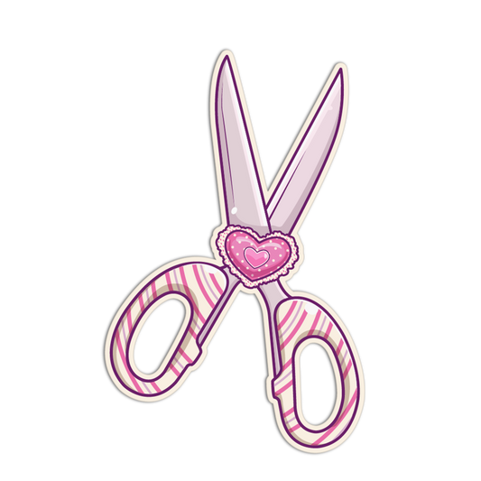 Pink scissors with a heart-shaped design on a white background