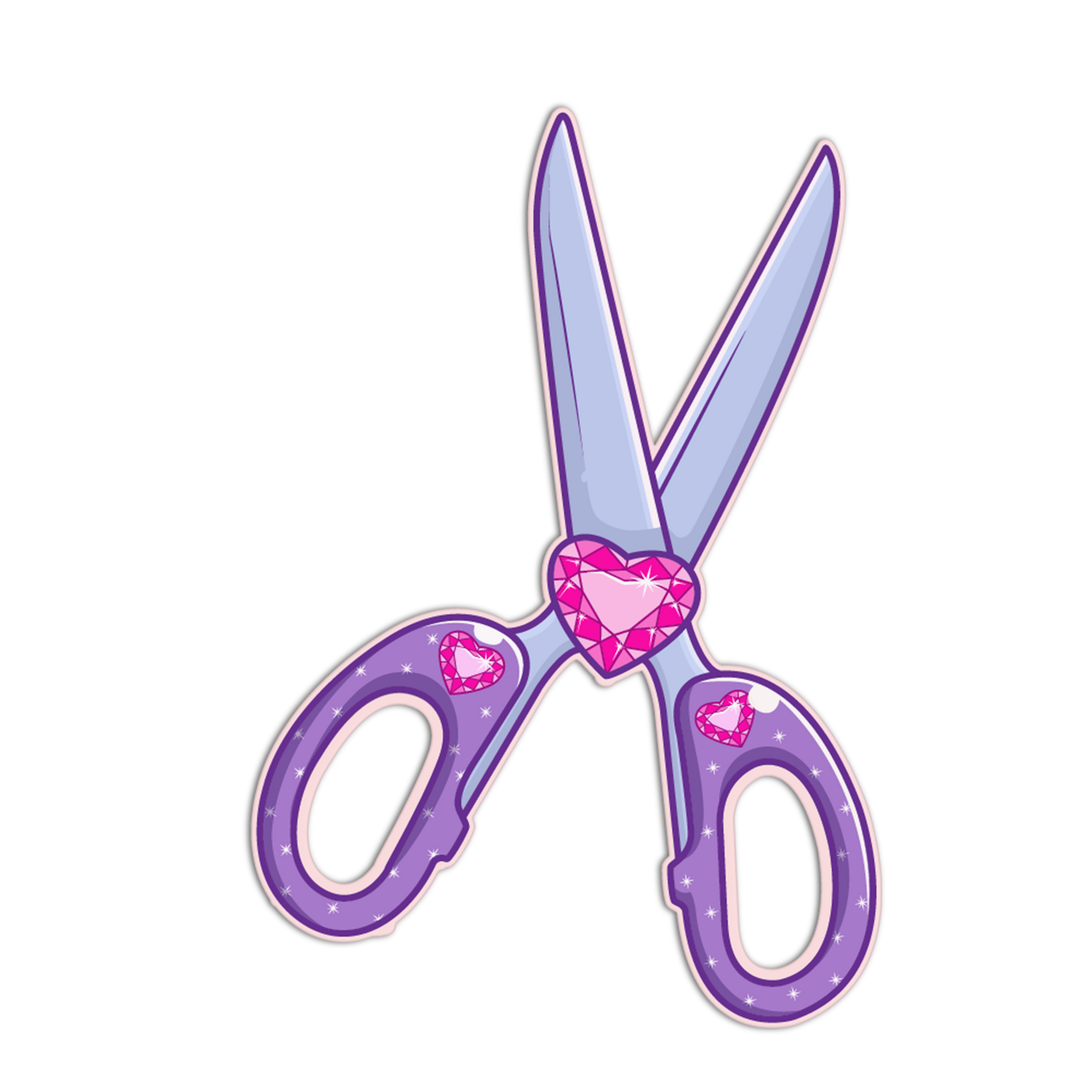 Purple scissors with pink heart designs on a white background