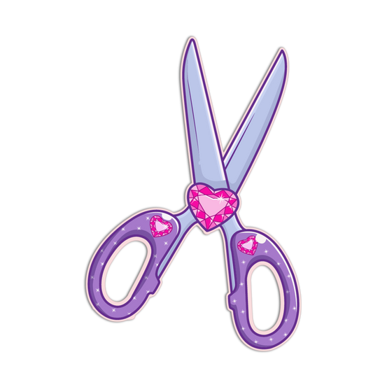 Purple scissors with pink heart designs on a white background