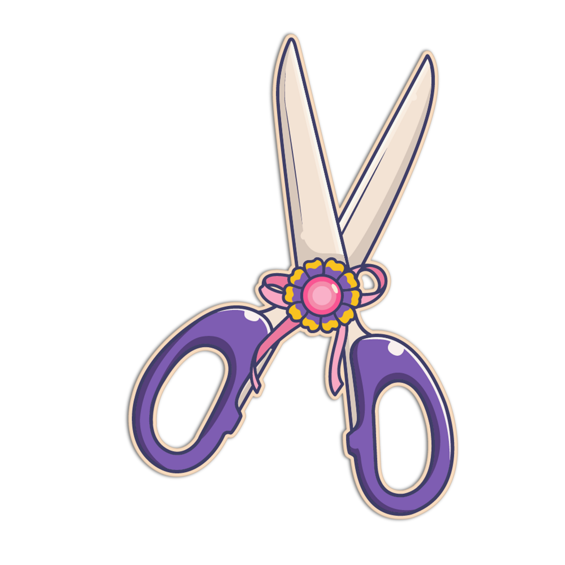 Decorative scissors with purple handles and a floral design on a white background