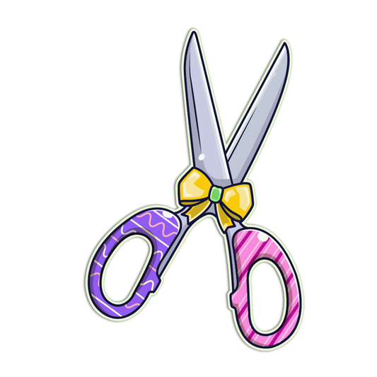 Colorful scissors with a bow on a white background