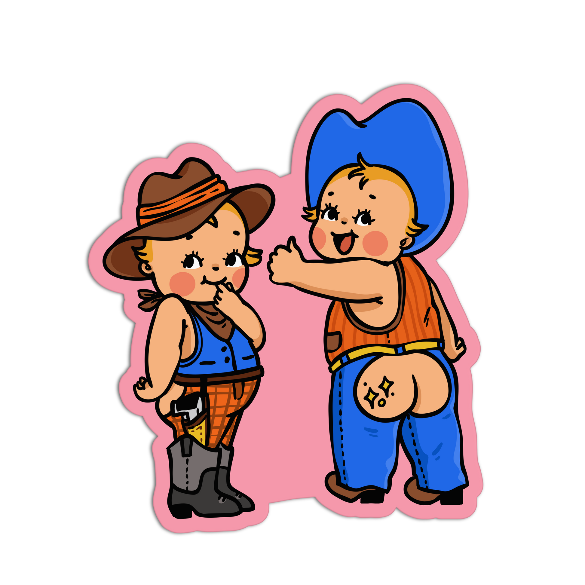 Cartoon characters in cowboy outfits on a pink background