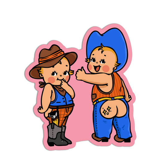 Cartoon characters in cowboy outfits on a pink background
