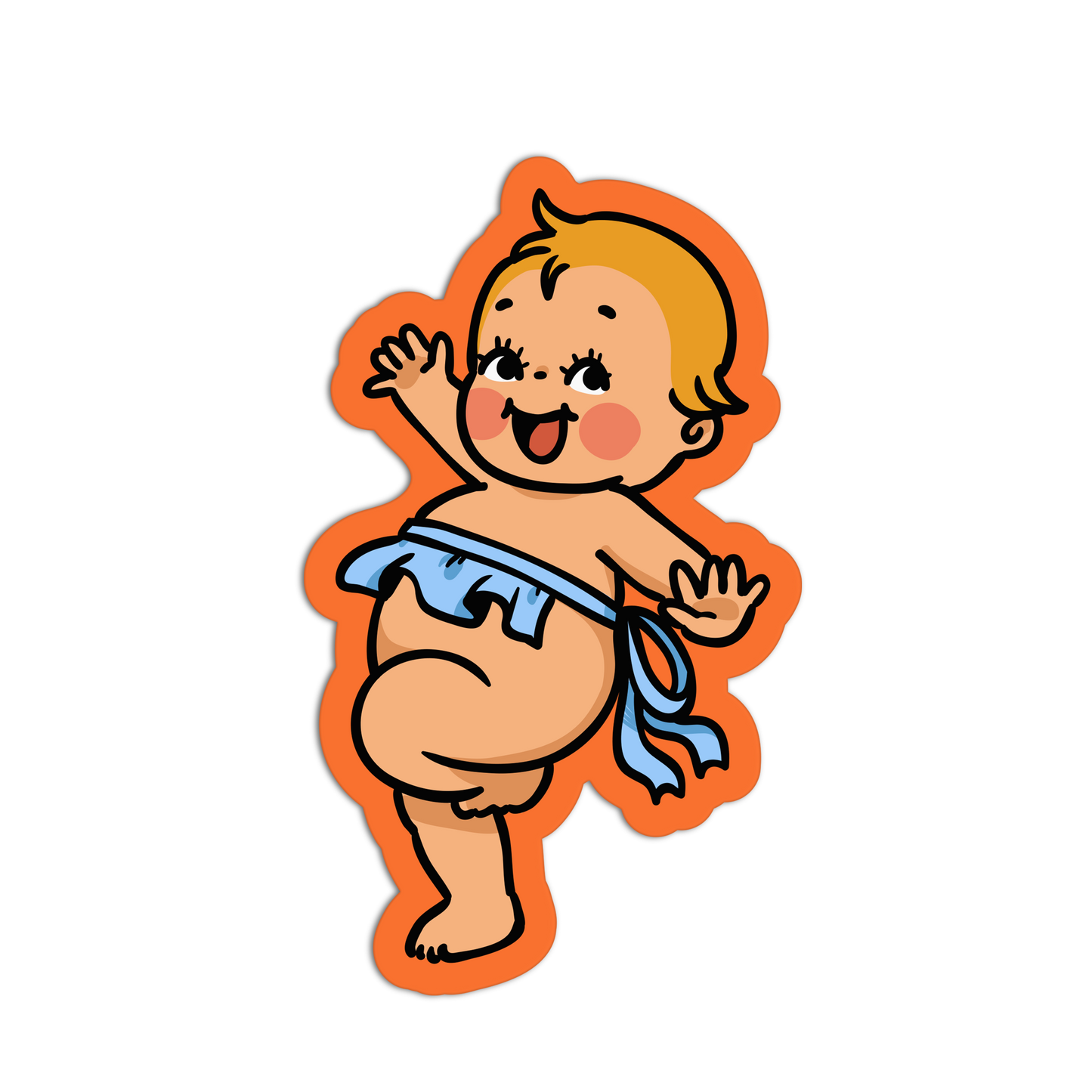 Cartoon baby with a blue diaper on an orange border