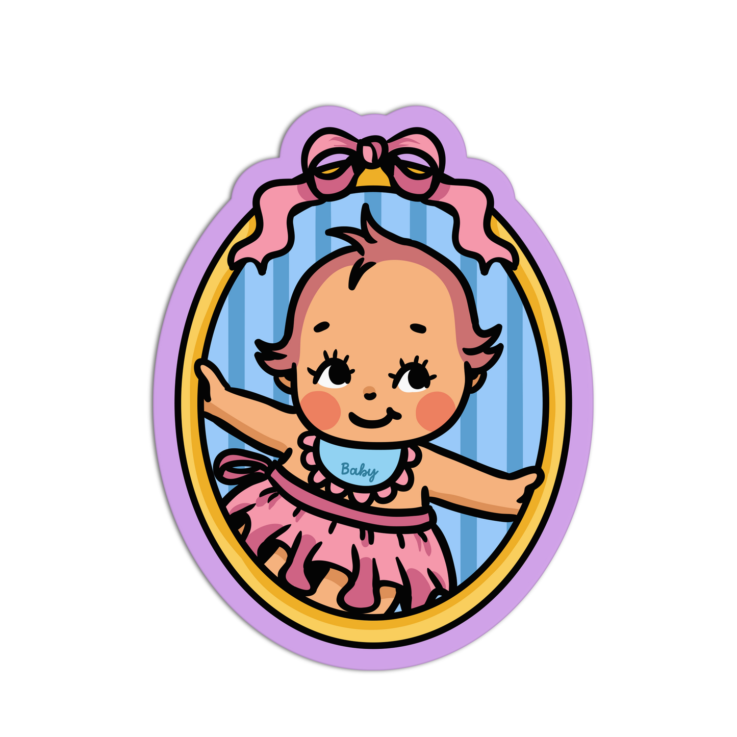 Illustration of a baby girl in a mirror with a pink bow, on a white background