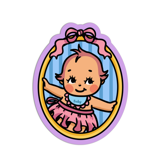 Illustration of a baby girl in a mirror with a pink bow, on a white background
