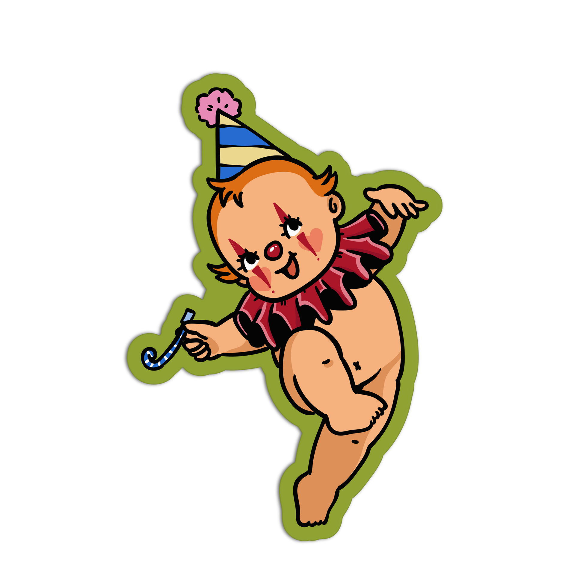 Cartoon clown baby sticker with a party hat on a white background