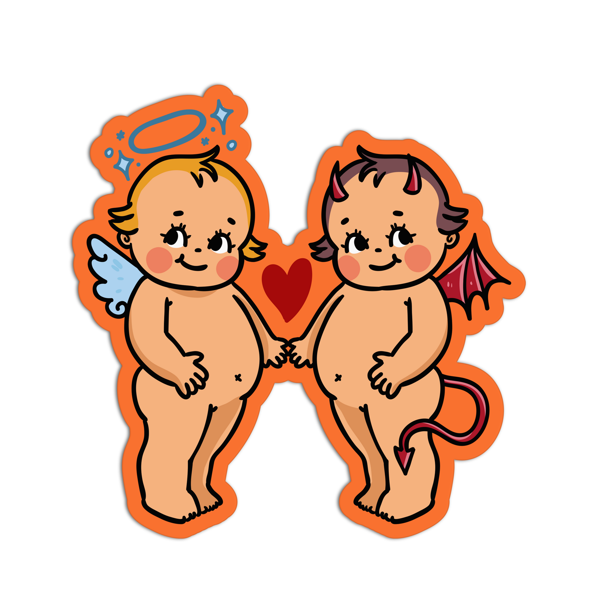 Illustration of an angel and devil baby holding hands with a heart in the middle on a white background.