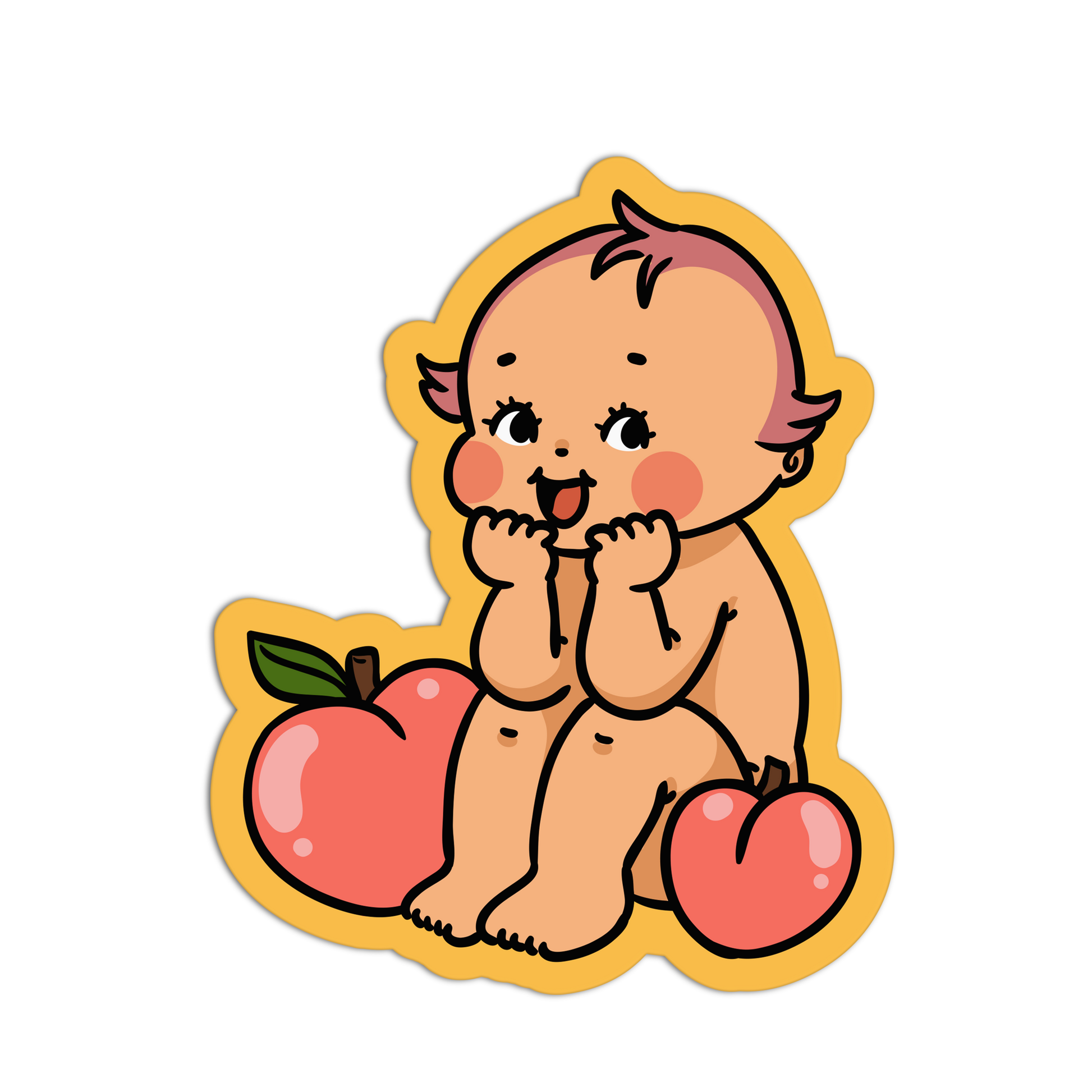 Cartoon baby sitting between two apples on a white background