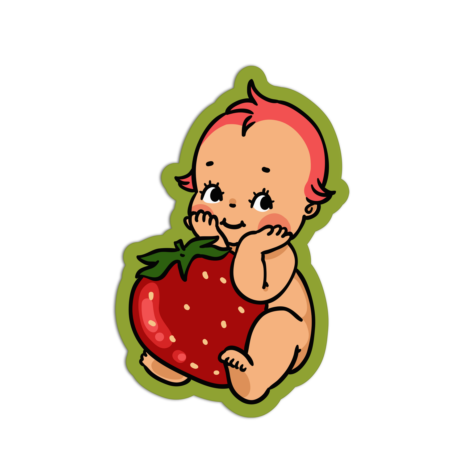 Illustration of a baby with pink hair sitting inside a strawberry on a white background