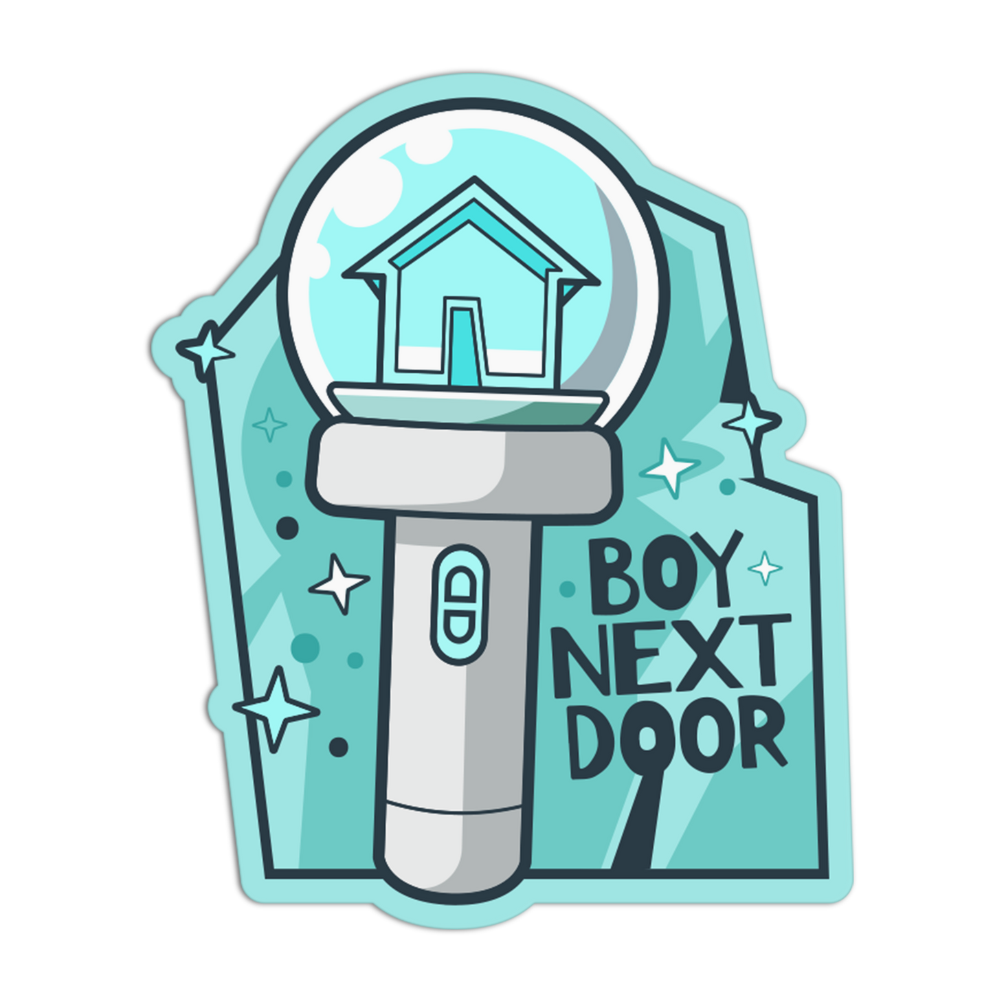 Illustration of a doorbell with a house icon and 'Boy Next Door' text on a transparent background