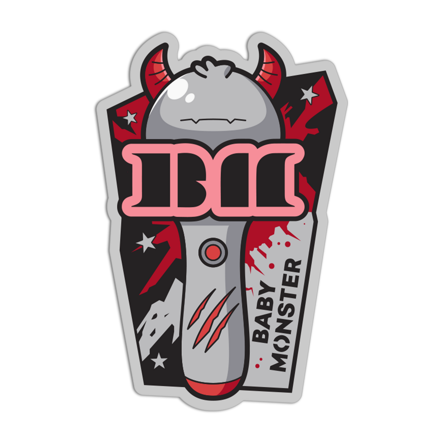 Sticker of a baby monster with red horns and a coffin, featuring the text 'Baby Monster'.