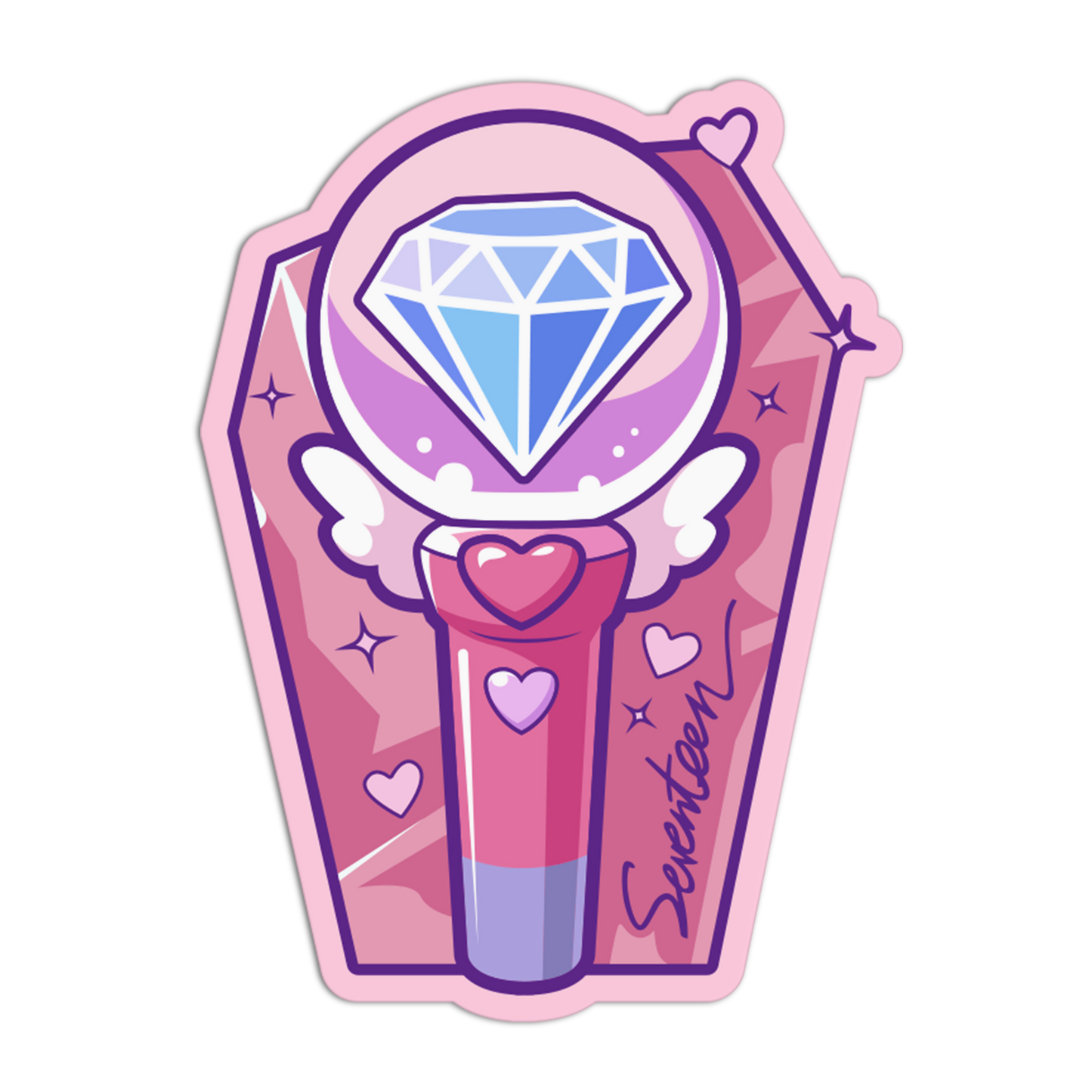 Cartoon-style makeup brush with a diamond on a pink background, featuring the brand 'Seventeen'.
