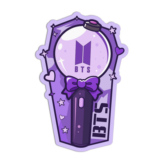 Purple BTS-themed sticker with a magnifying glass and bow design on a white background