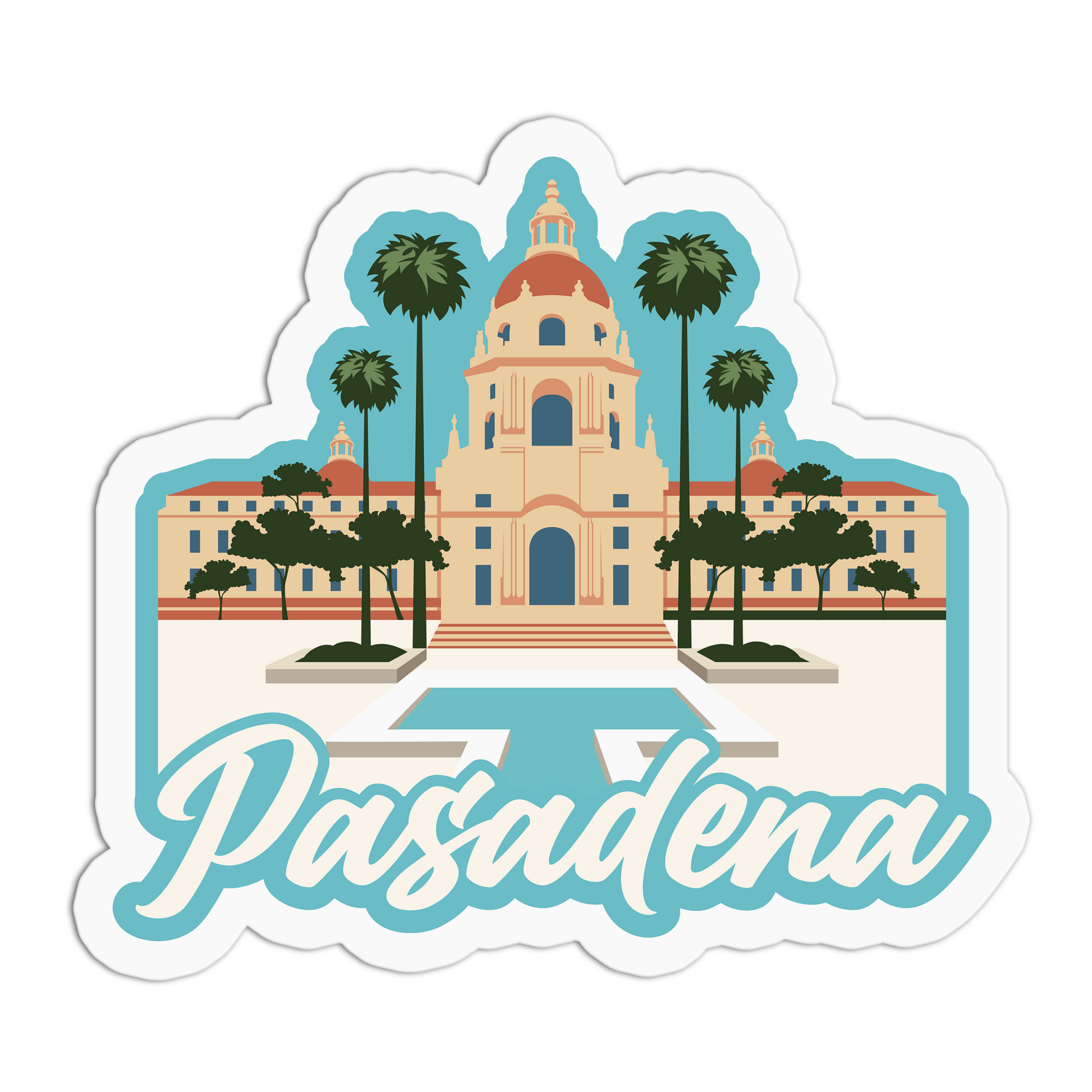 Sticker with a building, palm trees, and the word 'Pasadena' on a white background