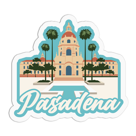 Sticker with a building, palm trees, and the word 'Pasadena' on a white background