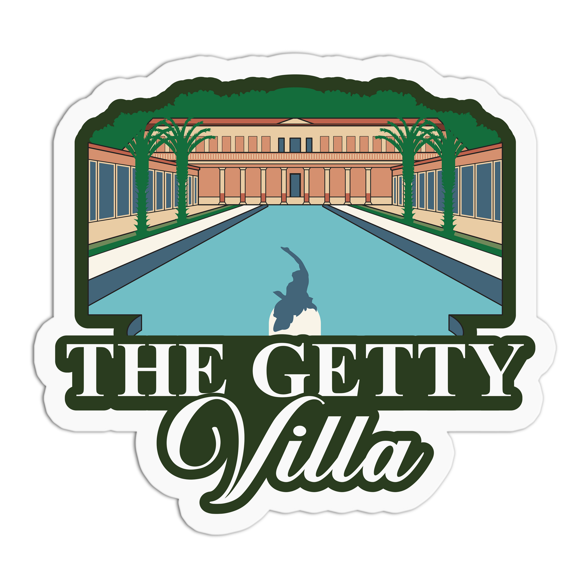 Logo of The Getty Villa with a pool and building illustration.
