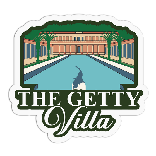 Logo of The Getty Villa with a pool and building illustration.