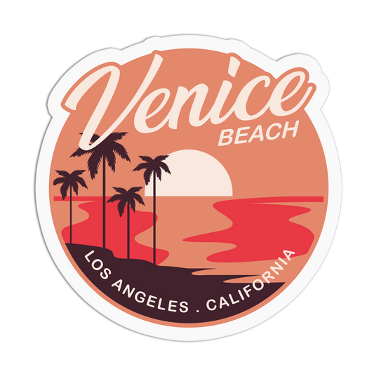 Sticker with 'Venice Beach, Los Angeles, California' design featuring palm trees and a sunset.