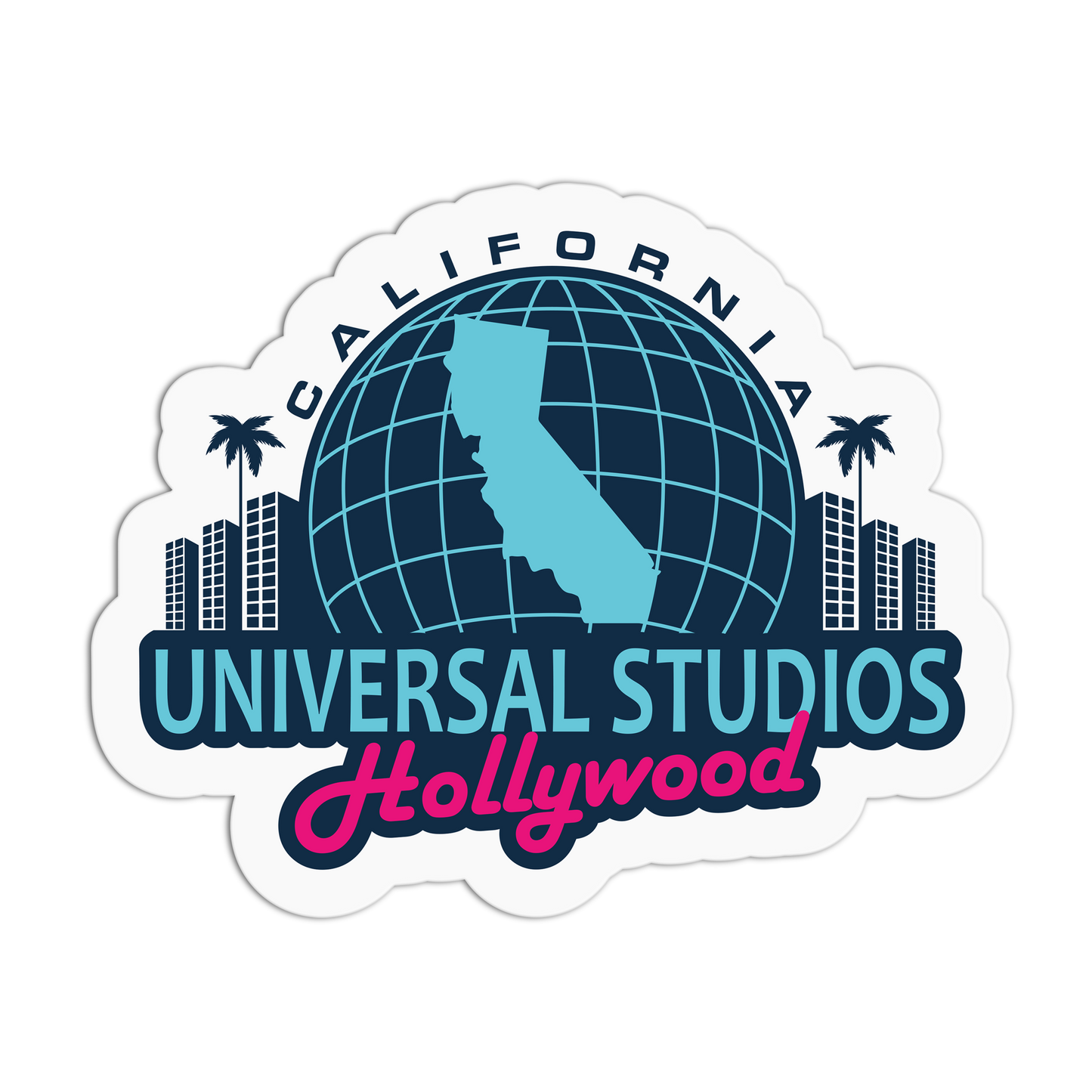Logo of Universal Studios Hollywood with a globe, buildings, and palm trees on a white background.
