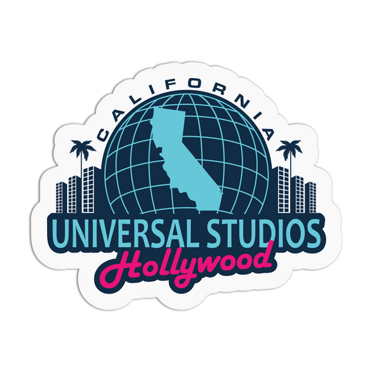 Logo of Universal Studios Hollywood with a globe, buildings, and palm trees on a white background.