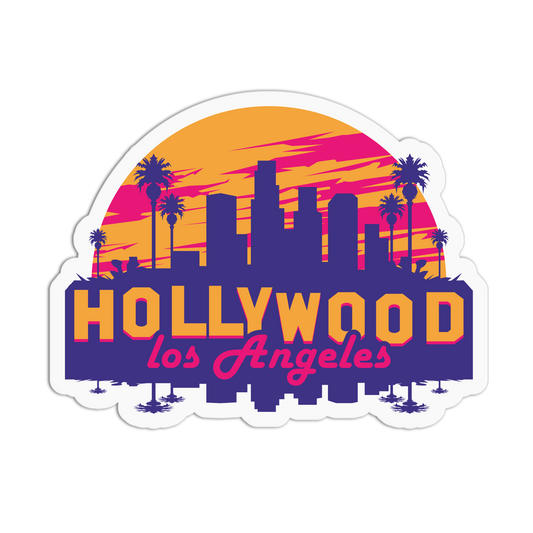 Hollywood Los Angeles sticker with city skyline and palm trees on a white background
