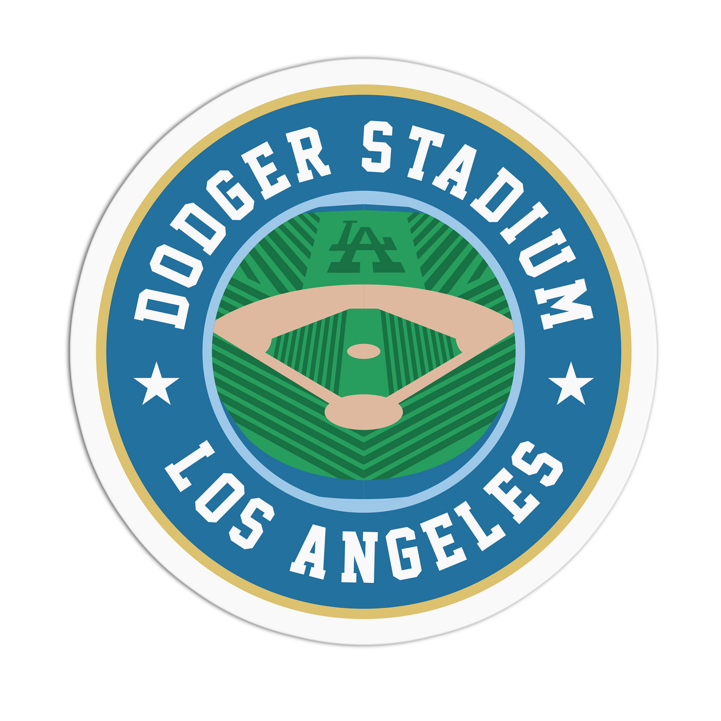 Logo of Dodger Stadium in Los Angeles with a green field and blue border.
