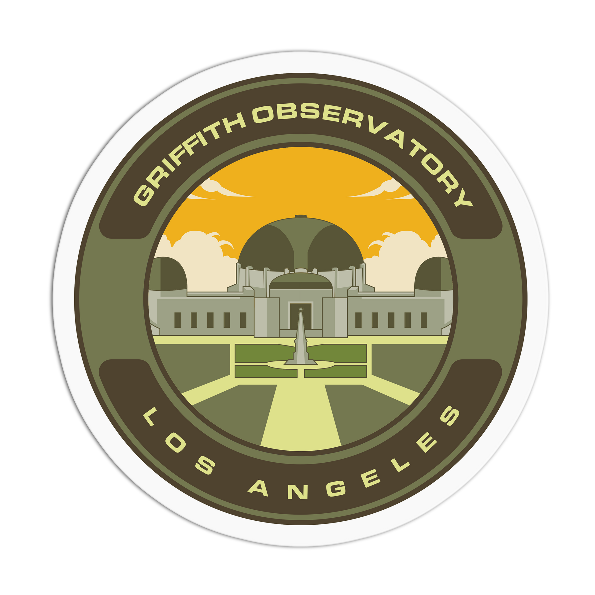 Circular sticker of Griffith Observatory in Los Angeles with a scenic design.
