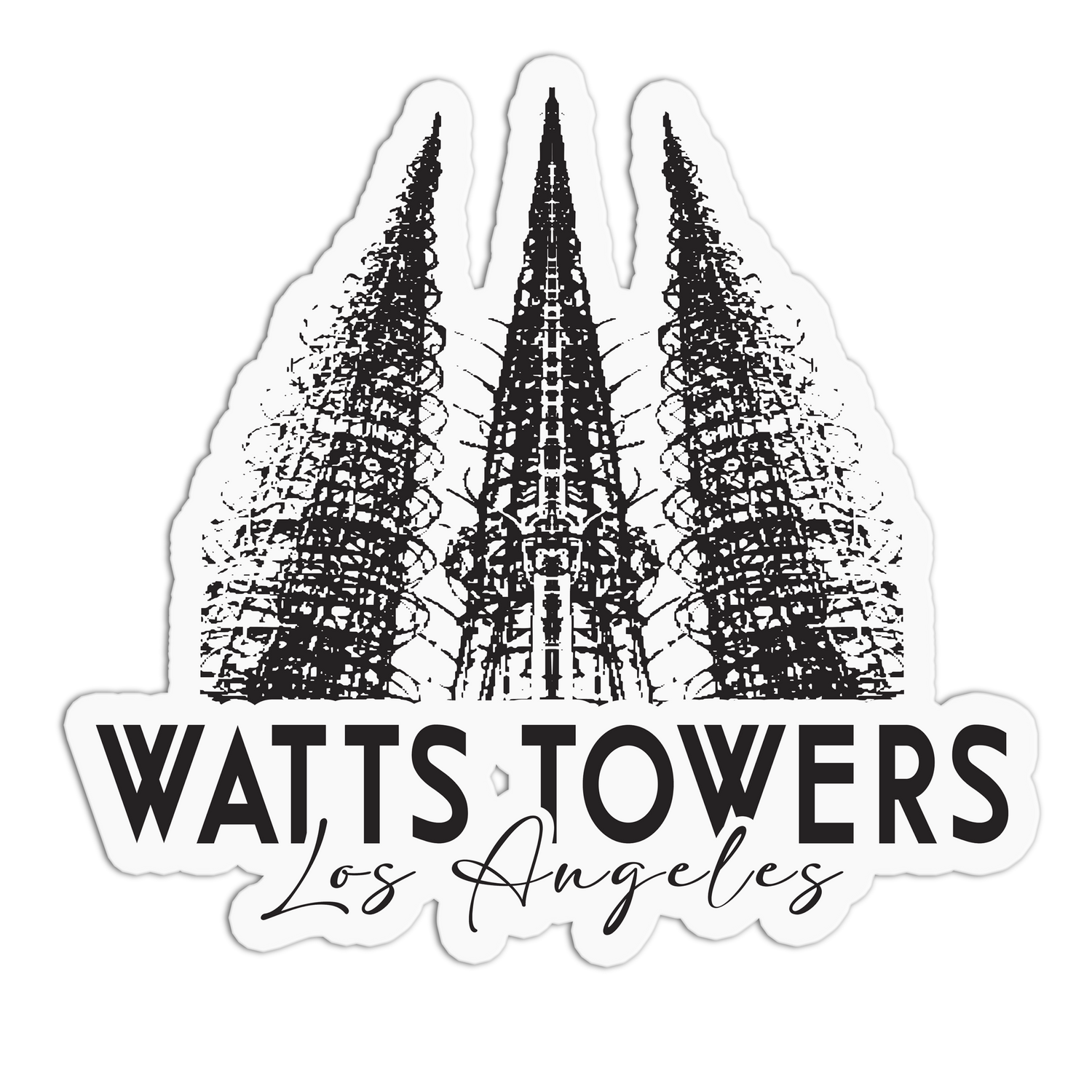 Sticker with black and white illustration of Watts Towers and text 'Watts Towers Los Angeles' on a white background