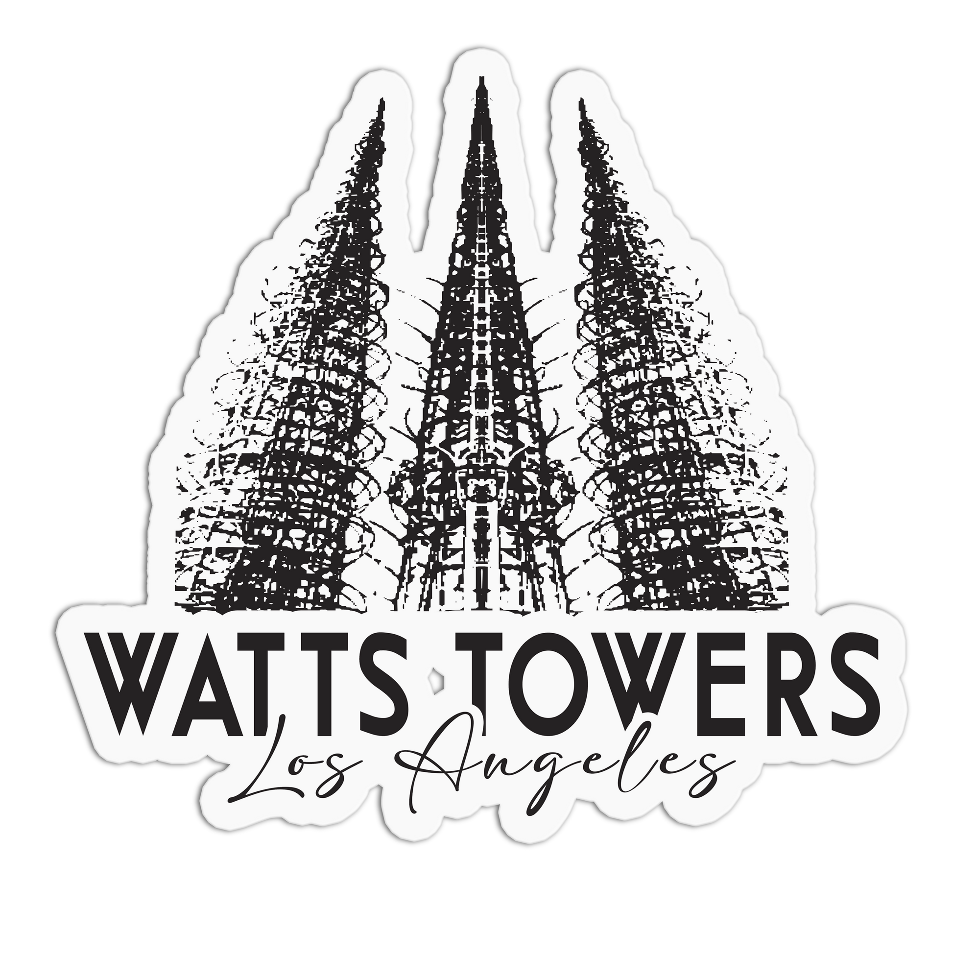 Sticker with black and white illustration of Watts Towers and text 'Watts Towers Los Angeles' on a white background