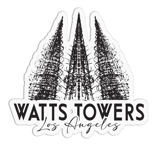 Sticker with black and white illustration of Watts Towers and text 'Watts Towers Los Angeles' on a white background