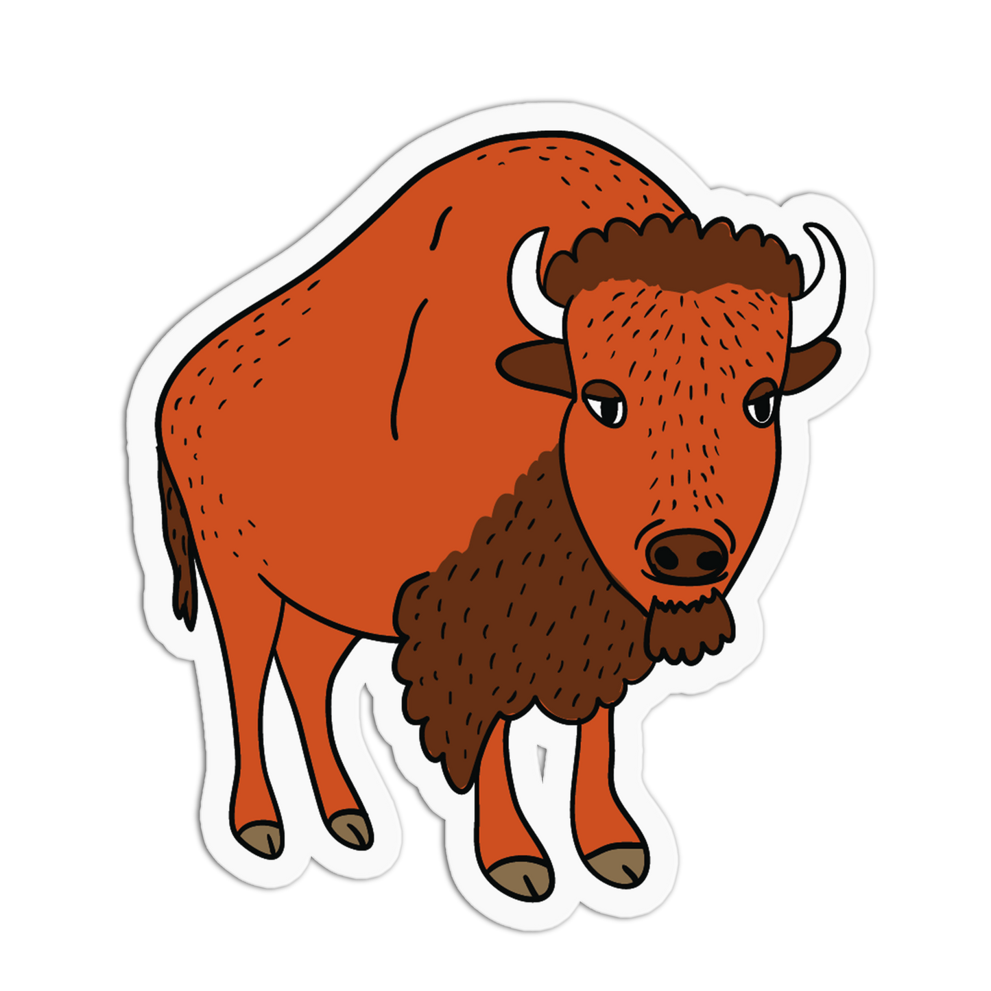 A die-cut sticker featuring a cartoon bison illustration in orange-brown and dark brown tones with white horns, shown on a plain white background.
