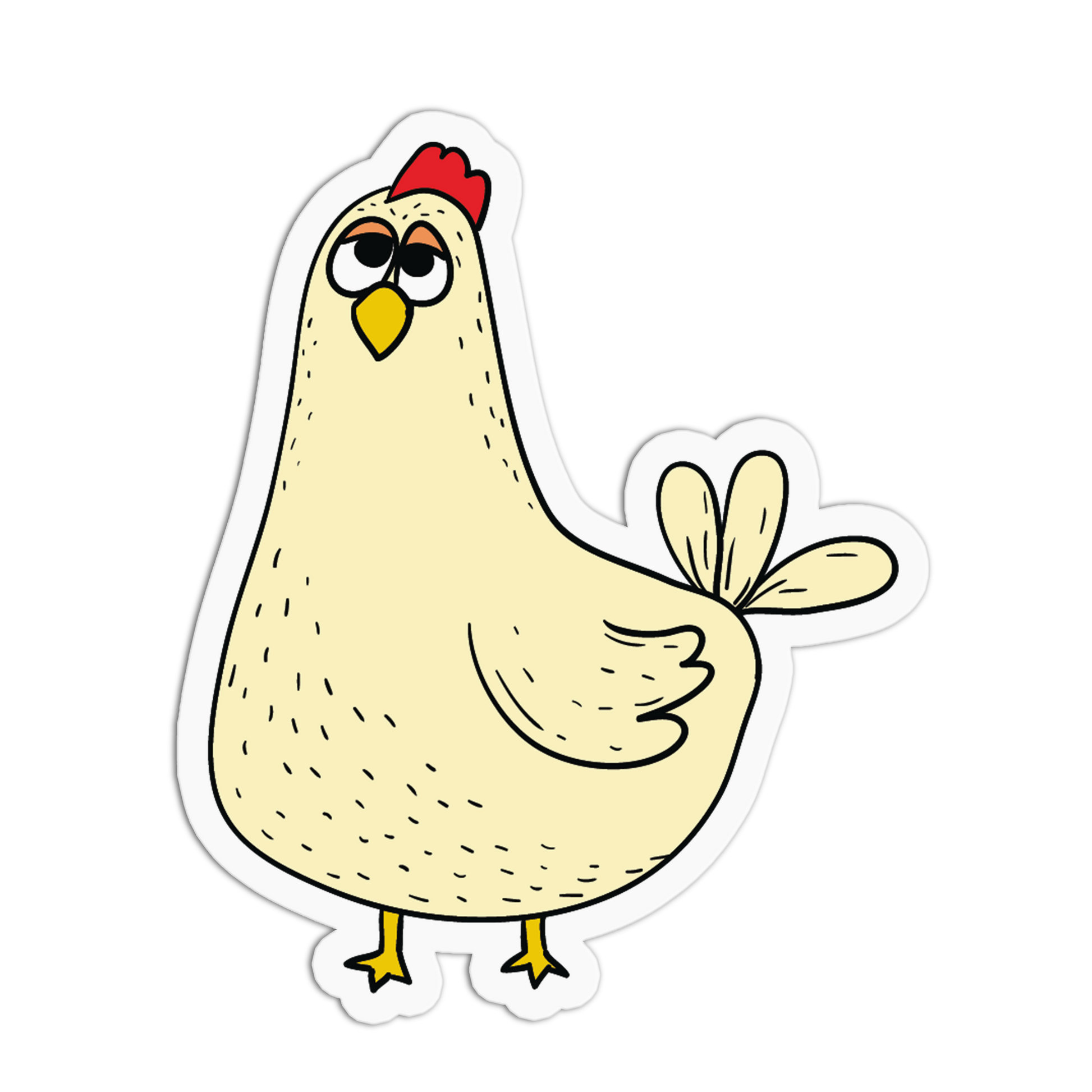 A cartoon chicken sticker with a cream-colored body, yellow beak and legs, a red comb, and black outlines on a white background.